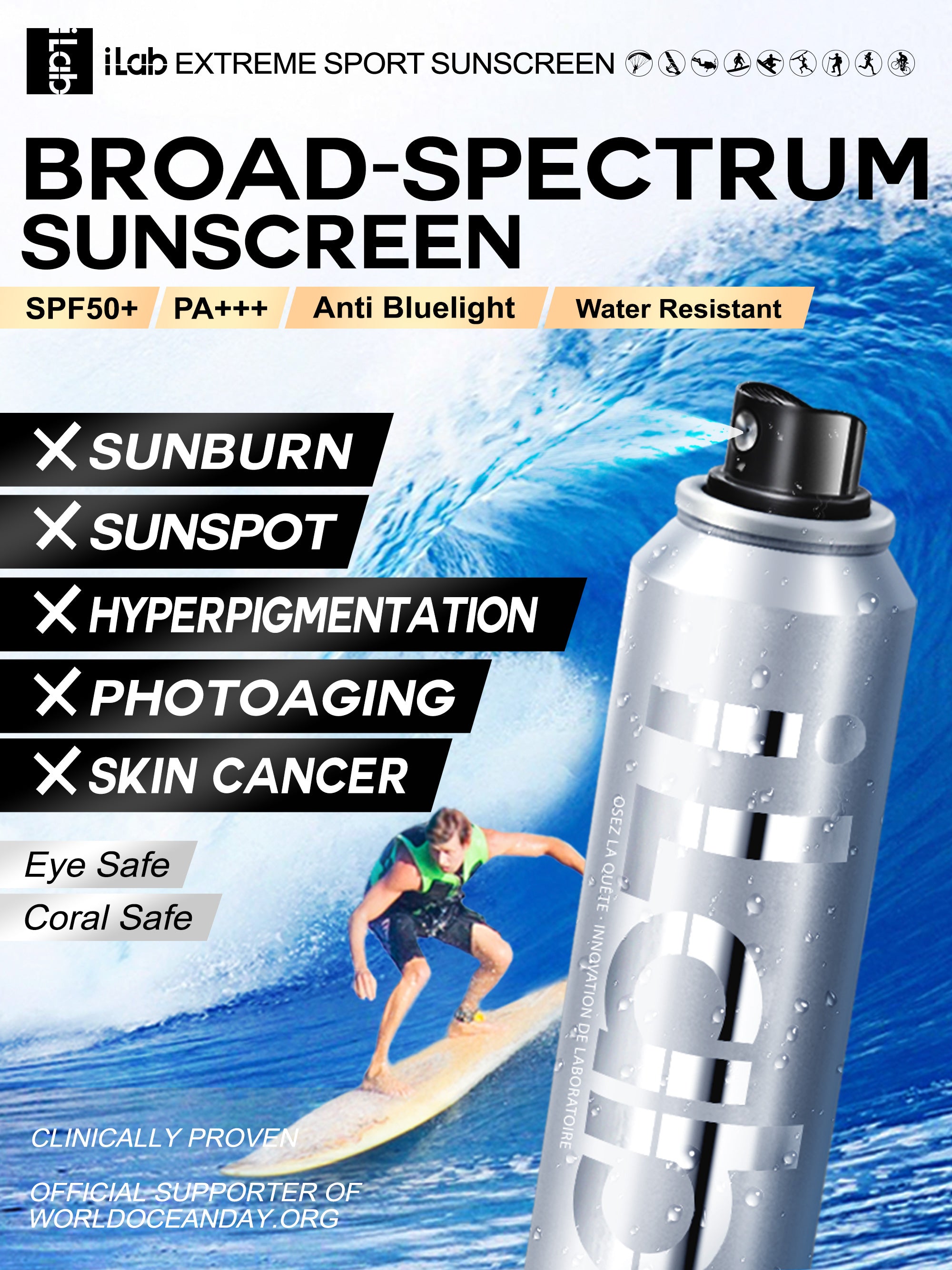 iLab Extreme Sports invisible Sunscreen Essential Spray SPF50+ PA+++ 1